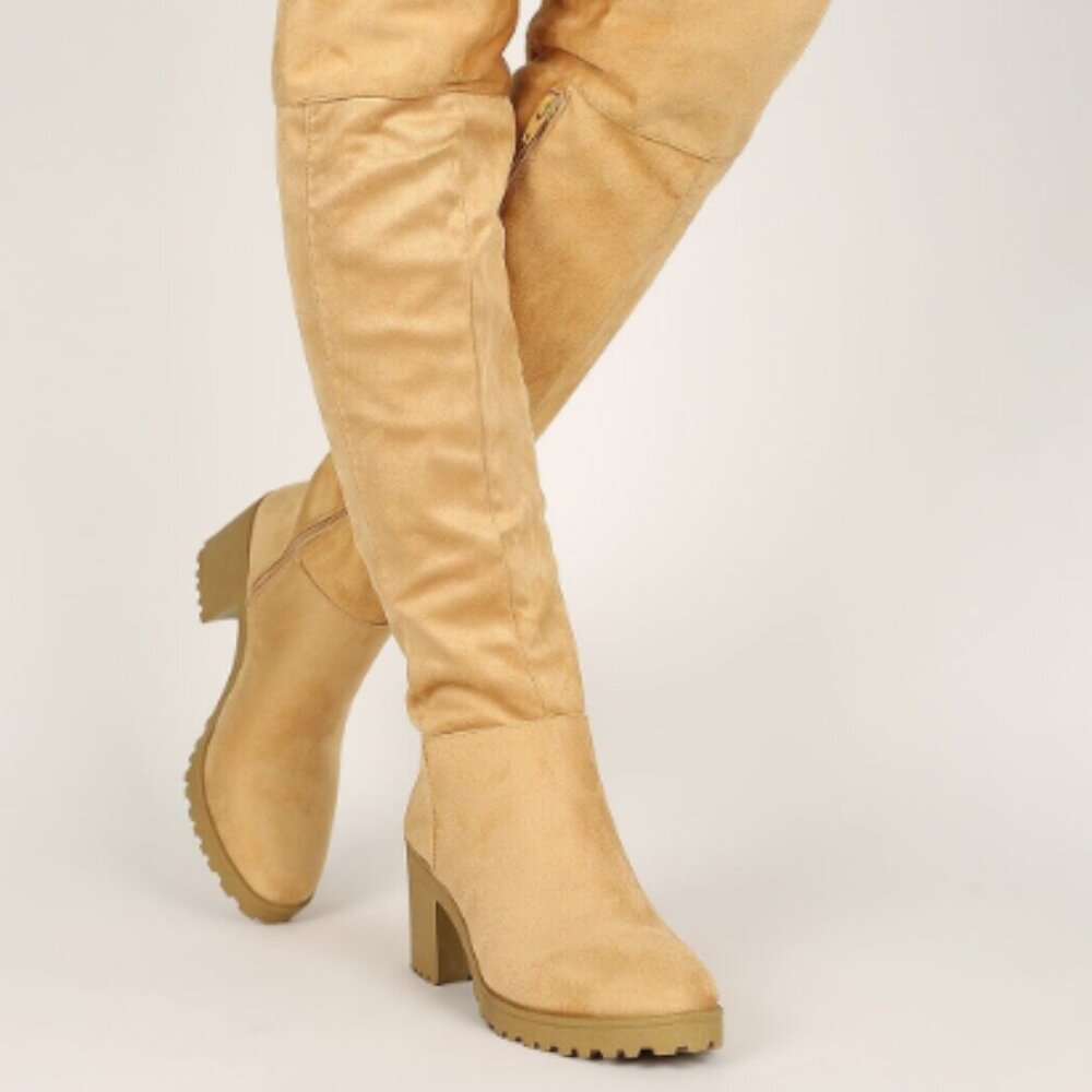 Almond Toe Lug Chunky Heel Over The Knee Boots - Picture 5 of 5